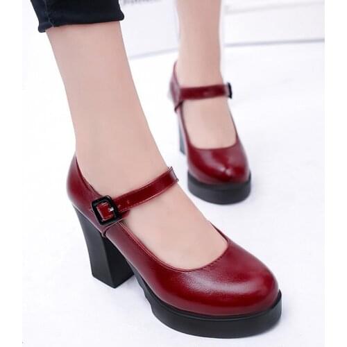 New Womens Classic High Heels Spring and Summer Black Leather Mary Jane High Heels Fashion Buckle Thick Soled Shoes Large 35-41
