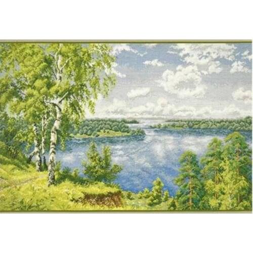 Top Quality Beautiful Lovely Counted Cross Stitch Kit On the River Oven Forest Lake Birch Tree Trees