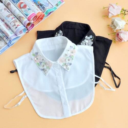 Womens Detachable Blouse False Collar Handmade Beading Rhinestone Sequins Flower Lapel Adjustable Half-Shirt Necklace