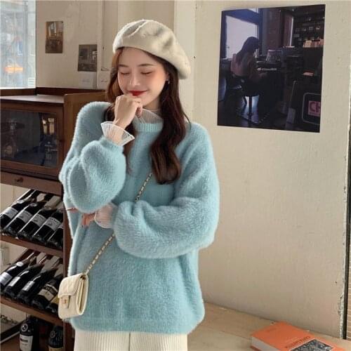 Women 2021 Autumn Winter New Imitation Mink Velvet Jumpers Female Thick Loose Sweater Tops Ladies Lace O-neck Knitted Tops R606