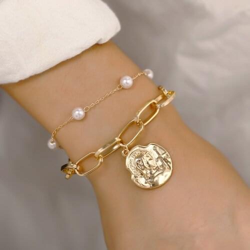 Vintage Gold Artificial Pearl Head Coin Fashion Bracelets & Bangles For Women Boho Multiple Layers Bracelet Set Jewelry