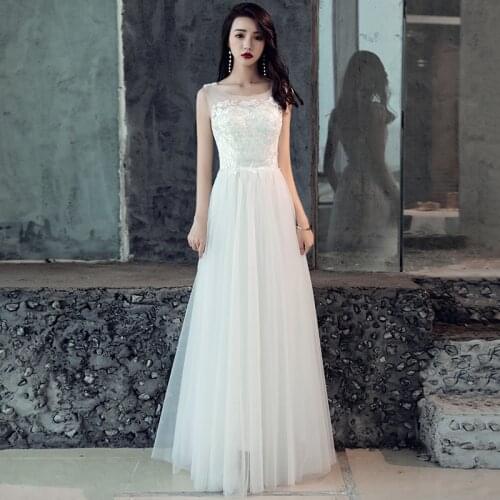 2020 New Fashion Women Evening Dress Illusion O-neck Sleeveless Prom Dress Embroidery a Line Formal Dress with Bow