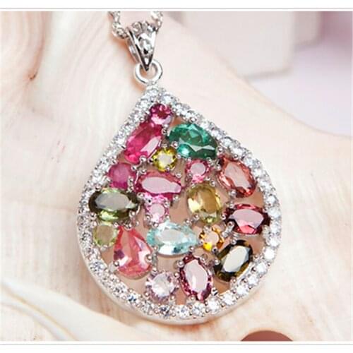Fashion Charm Silver Plated Jewelry Pendant Women Necklace Charm Natural Colorful Waterdrop Tourmaline Crystal Pendant 30*25*6mm