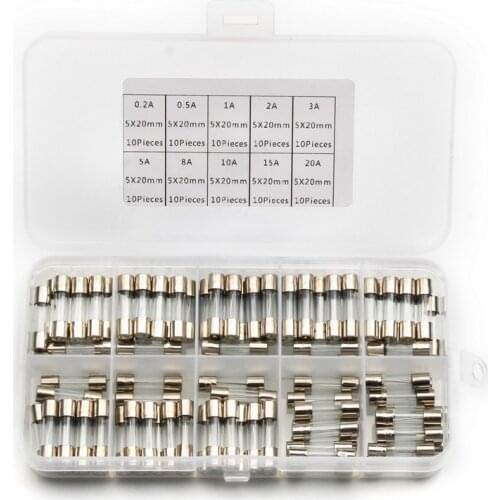 100pcs 20x5mm Quick Blow Glass Tube Fuse 250V 0.2A/0.5A/1A/2A/3A/5A/8A/10A/15A/20A Fast Blow Glass Fuses Assorted Kit
