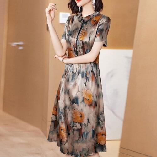 2021 High Quality Silk Women Dresses Summer Middle-Aged Mother Cheongsam Retro Female Plus Size Silk Dresses LJ3053