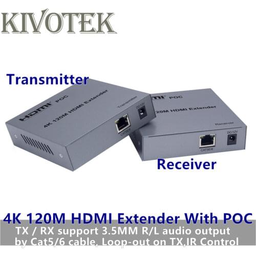 4K HDMI Extender TX to RX 120m with POC by Cat5/LAN/RJ45 Cable Tx / Rx support 3.5MM R/L audio output Loop-out on tx,IR Control