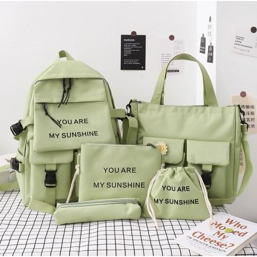 5Piece Set Kawaii Schoolbags for Teenage Girls Women Backpack 2021 Canvas Travel Back Pack Student Notebook Bookbags Schoolbag