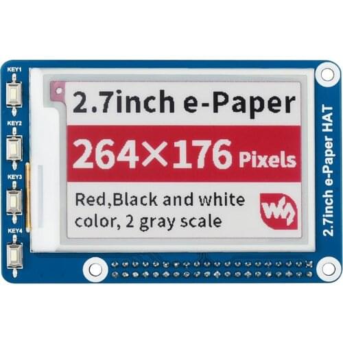 Waveshare 264x176,2.7''e-paper/E-Ink display HAT for Raspberry Pi 2B/3B/Zero/Zero W,Three-color: red, black, white,SPI Interface