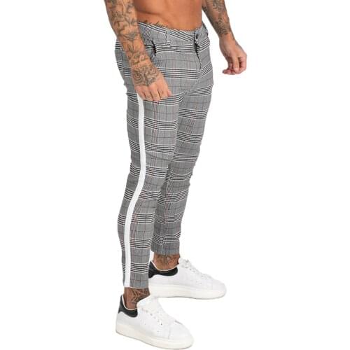 GINGTTO Mens Jeans Brand Chinos Trousers Grey Plaid Skinny Pants for Men Side Stripe Stretchy Best Fitting Athletic Body zm355