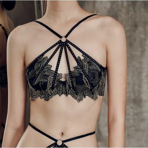 EFIOLY 2019 Sexy Lace Bra Set Hanging Neck Push Up Full Text Chest High Waist Thong Embroidered Underwear Set Womens Underwear