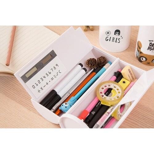 Kawaii Cartoon Double Layers Whiteboard Pencil Pen Case Box with Solar Calculator and Mirror for Students Children Kids