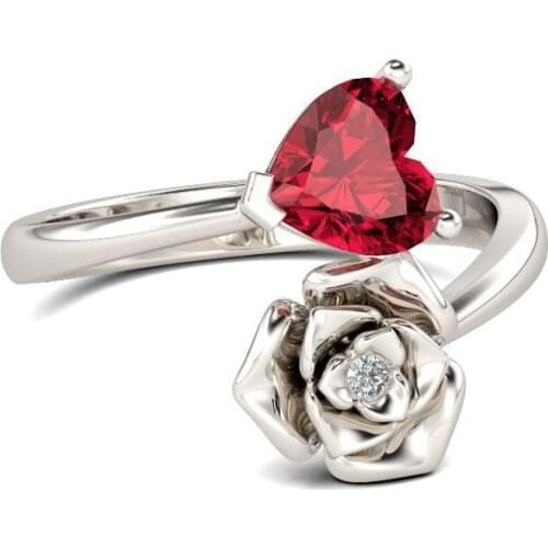 Flower Shape Wedding Ring for Woman Sliver Twist Classical Red Heart Cubic Zirconia Girl Crystals Jewelry Lady Gift Rings