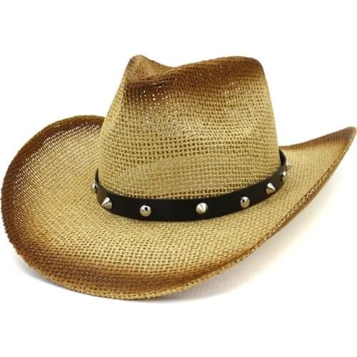 Brown Spray Paint Cowboy Paper Straw Hats Summer Outdoor Men Women Beach Large Brim Sun Visor Cap Sunhat Jazz Hat for Holiday