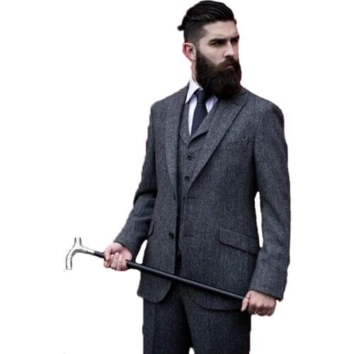 Grey Tweed Men Suits For Wedding Custome Made Dinner Suits Business Suit Evening Dress Groom Three Pieces(Jacket+Pants+Vest)