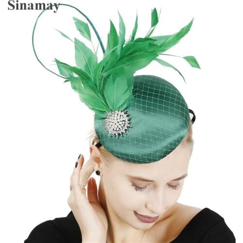 Nice Green Satin Hair Fascinator Hat Women Gorgeous Fashion Headwear Fancy Feather Headpiece Formal Occasion Wedding Accessory