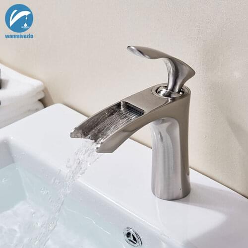Brushed Nickel Waterfall Bath Basin Faucet Deck Mounted Brass Hot Cold Water Bathroom Faucet Single Handle Vanity Sink Mixer Tap