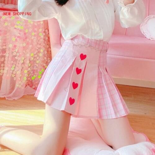 Harajuku Kawaii Plaid Mini Skirt pink Women Lolita Cosplay High Waist Heart Cute Pink A Line Pleated Tennis Short Skirts e girl
