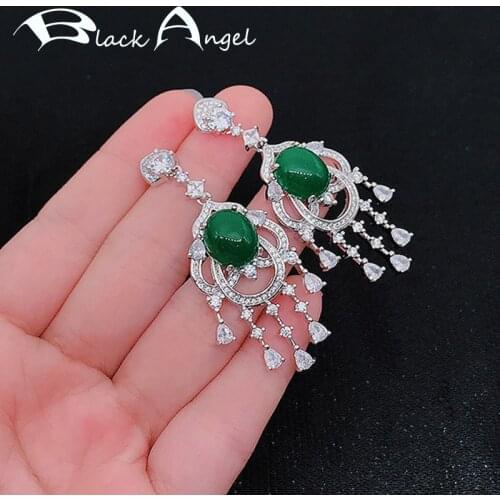 BLACK ANGEL Fashion Luxury Created Green Chalcedony Silver Long Tassel Drop Earrings For Women Wedding Jewelry Christmas Gift