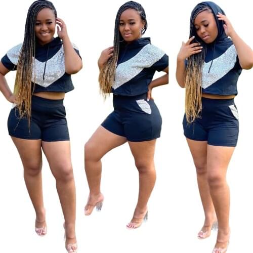 Fashion Women Stitching Two-Piece Sports Suit Hooded Top Shorts Everyday Sequin Slim Clothes