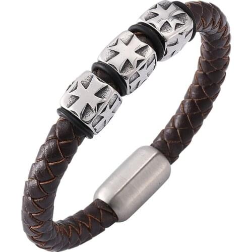 Men Bracelet Punk Jewelry Cross Brown Braided Leather Bracelet Male S.Steel Magnetic Buckle Charm Mens Trendy Wristband PD0153