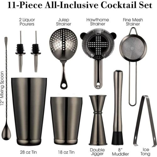Cocktail Shaker Bar Set: 2 Weighted Boston Shakers, Cocktail Strainer Set,Jigger,Muddler and Spoon, Ice Tong and 2 Bottle Pourer