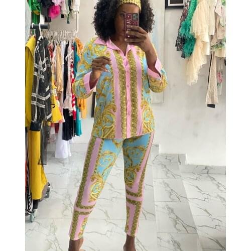 2021 Best Quality Famous Brand Women 2 Pcs Button Turn Down Collar Print Outfits