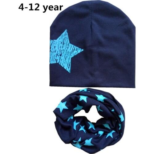 New Autumn Winter Cotton Baby Hat Scarf Set Big Stars Print Baby Boys Girls Beanies Caps Toddler Child Cap Scarf For 4-12years