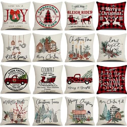 Christmas Farmhouse Decoration Cushion Cover 18x18 Inches Candle Pine Tree Reindeer Sleigh Printed Pillow Cover Xmas Pilloecasse