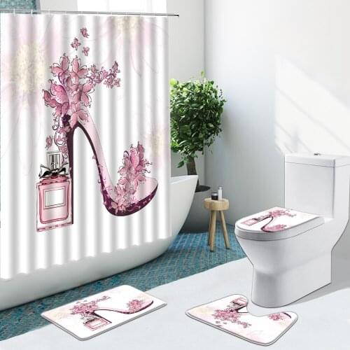 Pink High Heels Perfume Shower Curtains Sexy Red Lips Printed Non-Slip Flannel Rug Bathroom Set Bath Mat Home Decor Toilet Cover