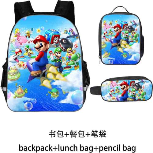 16 inch 3pcs/set Mario Bros School Bag For Kids Boy Girl Backpack Children School Sets Pencil Bag Lunch box Kids Schoolbag