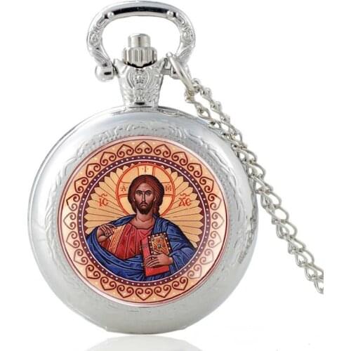 Orthodox Church Pattern Glass Cabochon Quartz Pocket Watch Men Women Silver Pendant Charm Necklace Hours Clock
