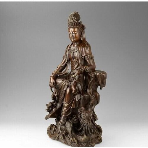 Tibet Buddhism Red Copper Kwan-yin Gunayin Ride Dragon Bodhisattva Buddha Statue