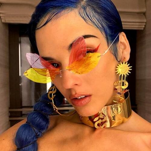 Unique Rimless Dragonfly Pink Yellow Sunglasses For Women Luxury Brand Alloy Cool Party Sun Glasses Female Gradient Leaf Shades