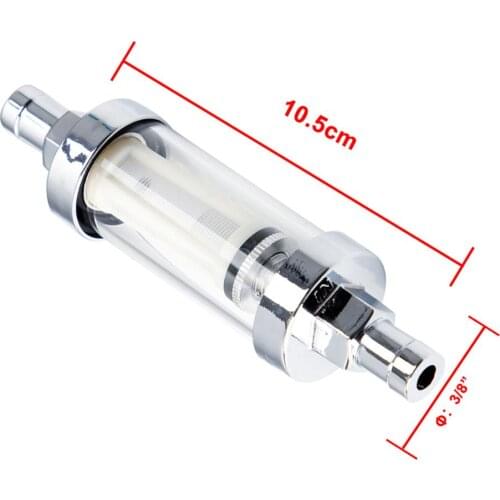 Universal Chrome Finish Inlet Outlet 40 Micron Petrol In-line Fuel Filter 3/8" Housing Material Aluminium Alloy & Glass
