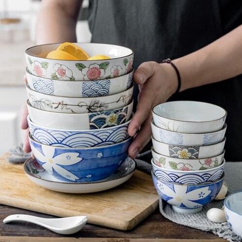 6.5 inch Japanese Ramen Bowl Ceramic Noodle Bowl Flower Fruit Dinnerware Round Soup Bowl 800ml