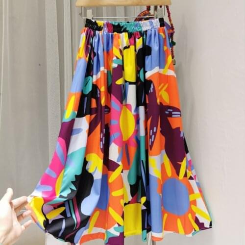 Beach Boho Korean Vintage Casual Print flower Graffiti Pleated skirt Female Spring Summer Elastic High Waist Skirt Women Clothes
