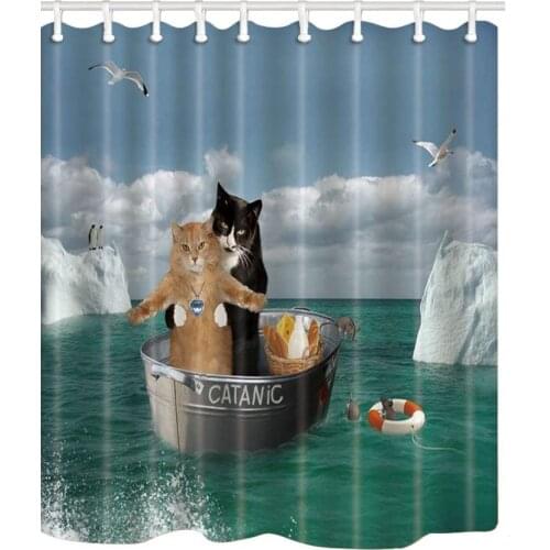 Funny Animal Decor Shower Curtains Romantic Catanic Two Cats on Sea Bath Curtains fabric for bathroon Waterproof