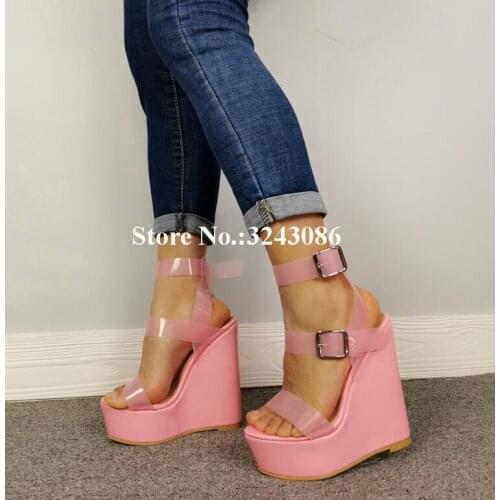 Women New Pink PVC Wedge Sandals Fashion Buckle Strap Platform Sandals Shoes Lady Real Photos Pumps Dress Sandals Shoes Dropship