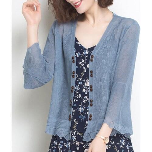 Hollow Out V-Neck Ninth Flare Sleeve Summer Knitted Sunscreen Cardigan Women Thin Small Coat Open Stitch Elegant Knitwear Tops