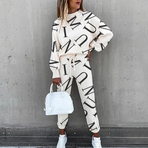 2021 Women Tracksuit 2 Piece Set Spring O-Neck Print Pullover Top + Long Pants Sports Suit Lady Sweatshirt Sportswear Suit Woman