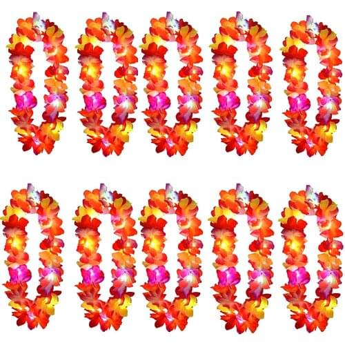10pcs Women Girls LED Light Up Hawaii Flower Leis Garland Hula Luau Glowing Wreath Necklace Birthday Party Wedding Decoration