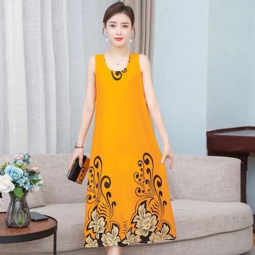 2021 Summer New cotton Round neck Dress Loose Large Size Middle-aged Temperament Printed Long Beach Dress