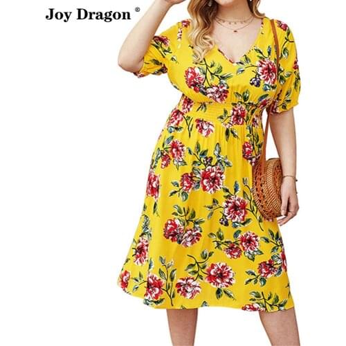 Women New Summer Fashion Short Sleeve Deep V Collar Slim Fit Midi Floral Print Yellow Dress Vestido De Mulher Vestito Da Donna