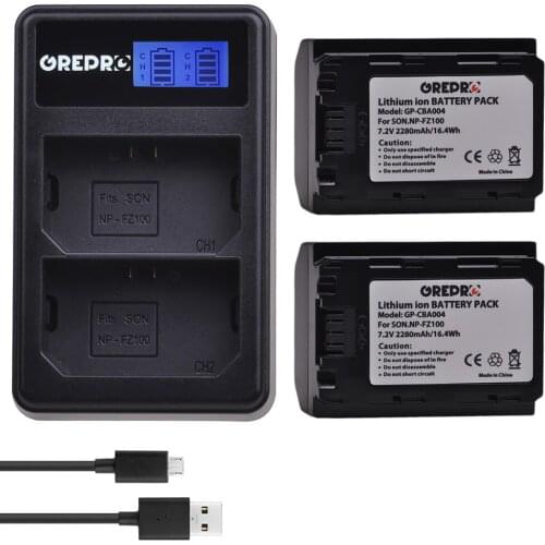2Pcs 2280mAh NP-FZ100 NPFZ100 NP FZ100 Battery + LCD Dual USB Charger for Sony Alpha 9 A9 9R A9R 9S A9S A7RIII A7R3 7RM3 A7m3