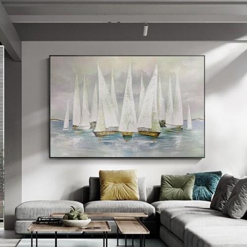 Handmade Abstract Oil Painting On Canvas Sea And Sailboat Home Decoration Gift