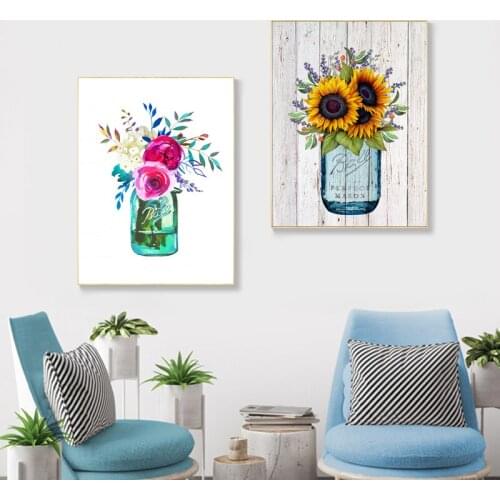 Watercolor Flowers Mason Jar Print Ball Jar Bouquet Poster Canvas Painting Peony Rose Wall Art Pictures Living Room Home Decor