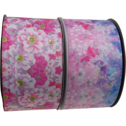100yards 75MM 100% Polyester Glitter Printed Grosgrain Satin Ribbon For Decoration