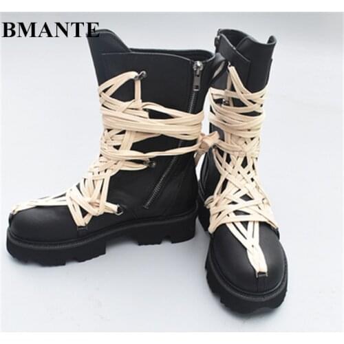 Bmante Womens boots Leather Autumn Winter Chelsea Shoes Platform Lace Up Zipper Mid-Calf Boots Brand Dark Owen Goth Japan Style