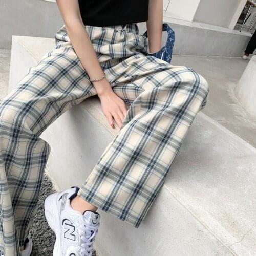 Summer Thin Blue Plaid Wide Leg Pants Womens High Waist Hanging Loose Straight Casual Pants Holiday Travel Cool Pants