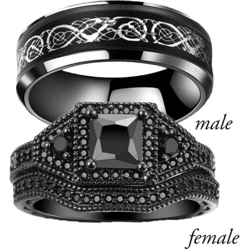 Carofeez Fashion Couple Rings Dragon Pattern Stainless Steel Men Ring Luxury Black Zircon Rings Set Wedding Band Engagement Gift